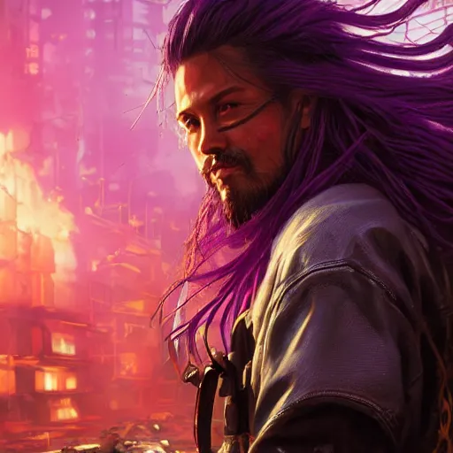 Image similar to portrait painting of a street samurai with long purple hair riding a motorcycle through a burning cyberpunk slum, glitchwave, ultra realistic, concept art, intricate details, eerie, highly detailed, photorealistic, octane render, 8 k, unreal engine. art by artgerm and greg rutkowski