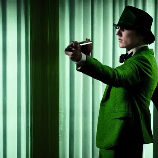 Image similar to film still of Paul Dano as Riddler in a green suit and tie and green fedora in a dark room in The Batman, 4k, dark lighting!!!!, film noir, grainy, dark tone