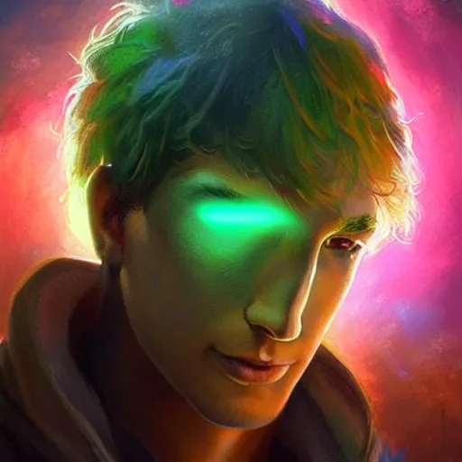 Prompt: bust of a light haired young man with a scar across his left eye has an epic idea, rainbowpunk, scandalpunk, high detail, concept art, neon color, vivid color, floating particles, glowing green eyes, spiral smoke, background by john harris + andreas rocha, artwork by charlie bowater + artgerm + anato finnstark + ross tran