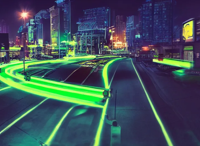 Image similar to a film still of a tonka truck driving through a neon green city at night, cinematic