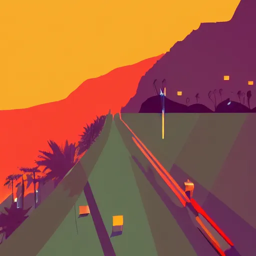 Image similar to a beautiful illustration of palm springs by James gilleard, artstation HD, geometric lines, olive and tangerine colors, HD, 4k, 8k