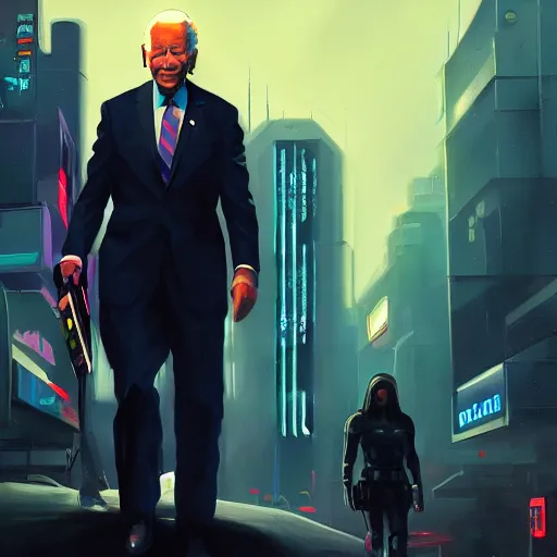 Image similar to joe biden in cyberpunk america, trending on artstation, detailed art, oil painting,