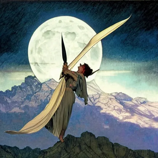 Image similar to hyper realistic white bat, flying against a dark black night sky, mountain in the background, moonlight, denoised, very detailed, painted by james gurney, alphonso mucha, norman rockwell, tom bagshaw