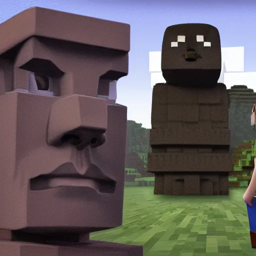 Image similar to minecraft steve meeting moai head, cinematic, 4 k, oil painting