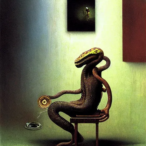 Prompt: by Beksinski , cyborg sitting Infront, snake getting into gramophone, high quality image, denoise