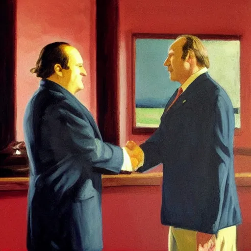 Prompt: tony soprano shaking hands with saul goodman, art by edward hopper, detailed,