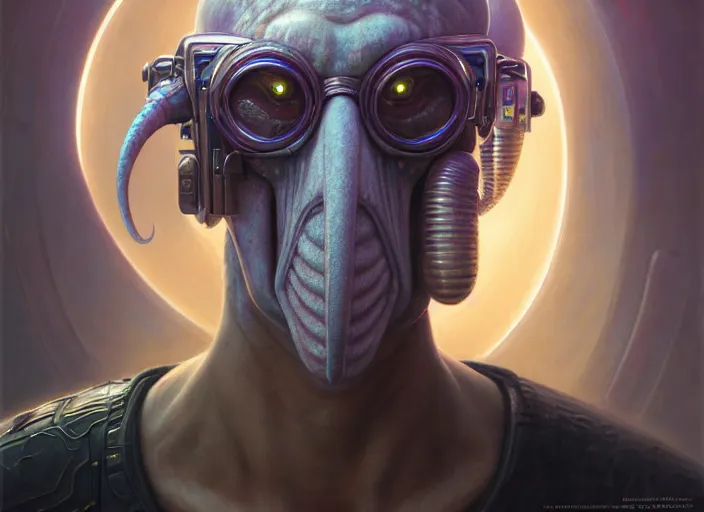 Image similar to portrait shot of squidward in cyberpunk 2 0 7 7, intricate, elegant, highly detailed, centered, digital painting, artstation, concept art, smooth, sharp focus, illustration, artgerm, tomasz alen kopera, peter mohrbacher, donato giancola, joseph christian leyendecker, wlop, boris vallejo