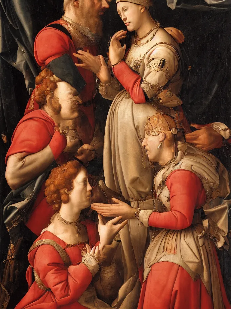 Image similar to a soldier lays his hand on top of the queens head, renaissance portrait, intimate, relaxed posture, high definition, dimly lit, private moment
