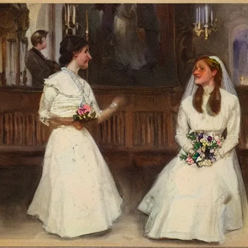 Image similar to two young edwardian women getting married to each other in a russian church, in the style of anders zorn