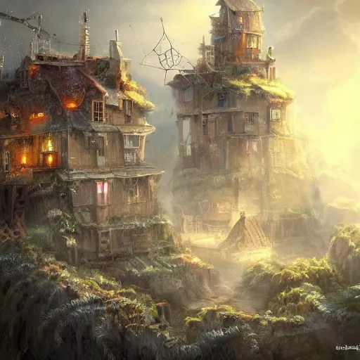 Image similar to a tiny miniscule town living on the thread of a spiders web, fantasy concept art, trending on art station, stunning visuals, creative, cinematic, ultra detailed