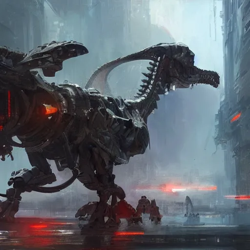 Image similar to a mech shaped like a dinosaur, 4 k digital artwork, concept art, wadim kashin