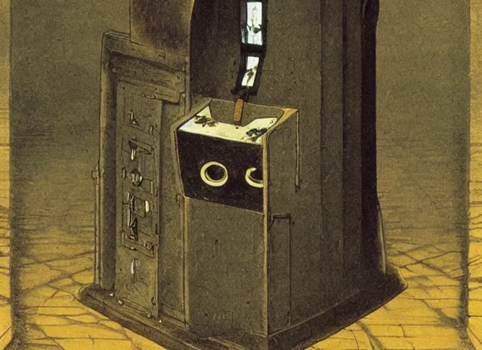 Image similar to strange machine that makes copies of small weird beings by caspar david friedrich