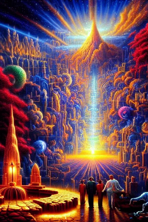Prompt: a photorealistic detailed cinematic image of a astonishing glory and beauty of the afterlife. met by friends and family, overjoyed, by pinterest, david a. hardy, kinkade, lisa frank, wpa, public works mural, socialist