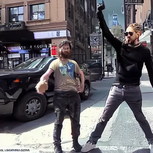 Prompt: bodycam footage of jared leto going crazy pointing a knife at people, new york streets, wide angle, fisheye, uhd, 4 8 0 p, bodycam, paparazzi, bad quality