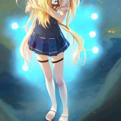 Prompt: a very beautiful anime girl, full body, long golden hair, sky blue eyes, full round face,cute face, short smile, mini jeans skirt, cute top, pikachu tattoo, cinematic lighting, medium shot, mid-shot, highly detailed, trending on Artstation, Unreal Engine 4k, cinematic wallpaper by Stanley Artgerm Lau, WLOP, Rossdraws, James Jean, Andrei Riabovitchev, Marc Simonetti, and Sakimichan