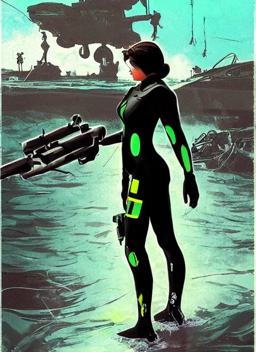 Image similar to Selina. Beautiful USN blackops operator emerging from water at the shoreline. Operator wearing Futuristic wetsuit and looking at an abandoned shipyard. Frogtrooper. rb6s, MGS, and splinter cell Concept art by James Gurney, Alphonso Mucha. Vivid color scheme.