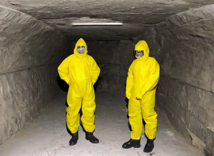 Image similar to a man in a yellow hazmat suit with an Eldritch Cthuhlu creature in an underground brutalist storeroom