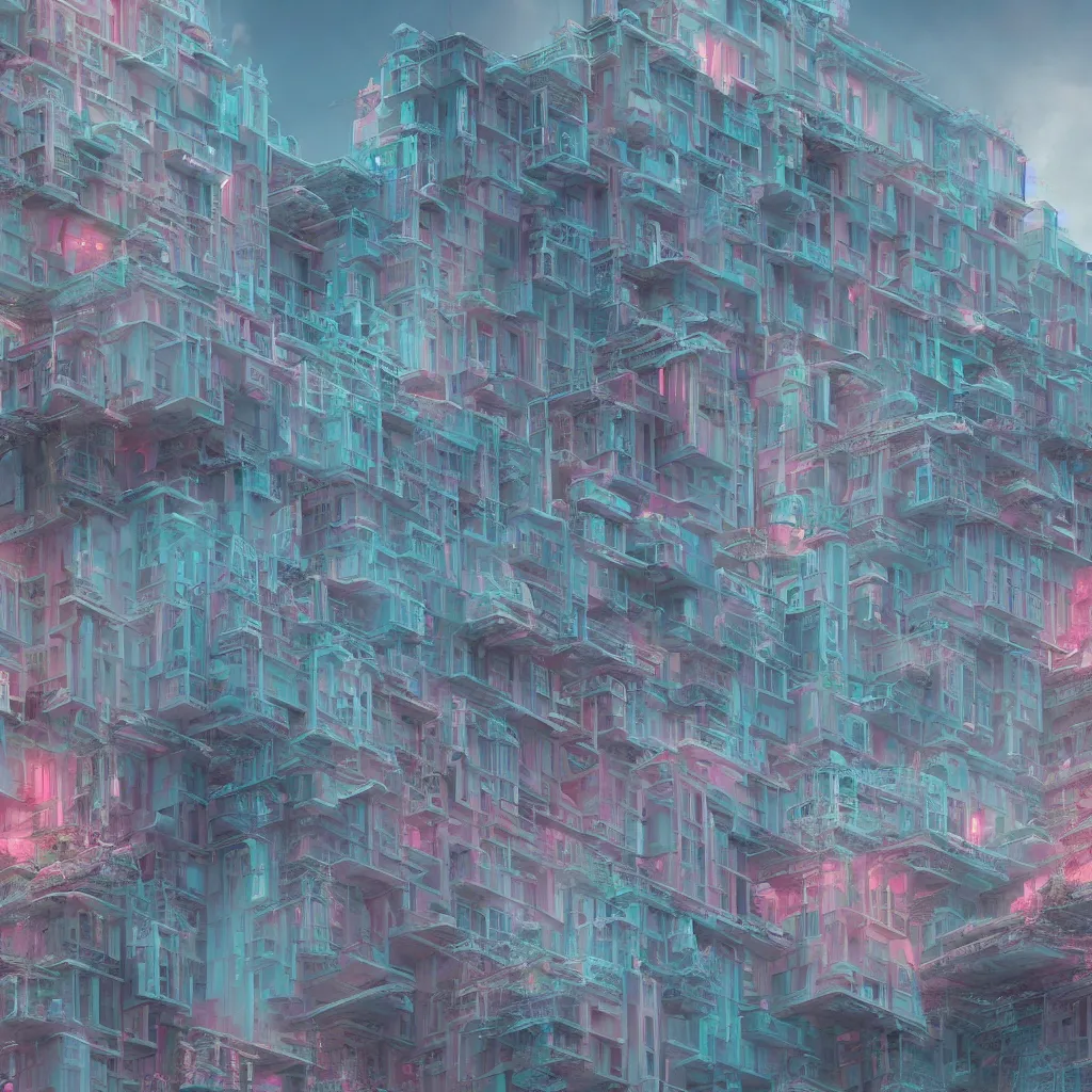 Image similar to biomaterial, architecture, futuristic, neon, pastel colors, hd 8 k, digital design, attention to details, abandoned, grand budapest hotel