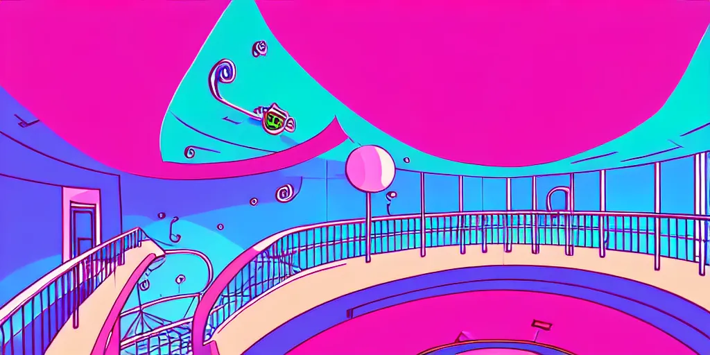 Image similar to minimalistic extreme wide angle curved perspective digital art of sss chubby cotton candy indoor top floor of a casino with a balcony to the ground floor by anton fadeev from nightmare before christmas