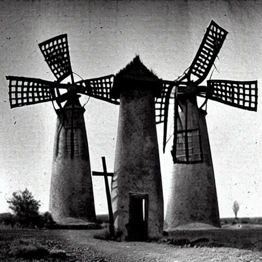 Prompt: worshippers dressed in robes belonging to the cult of the windmill. Dilapidated 1800s windmill. Old windmill. 1800s photo.