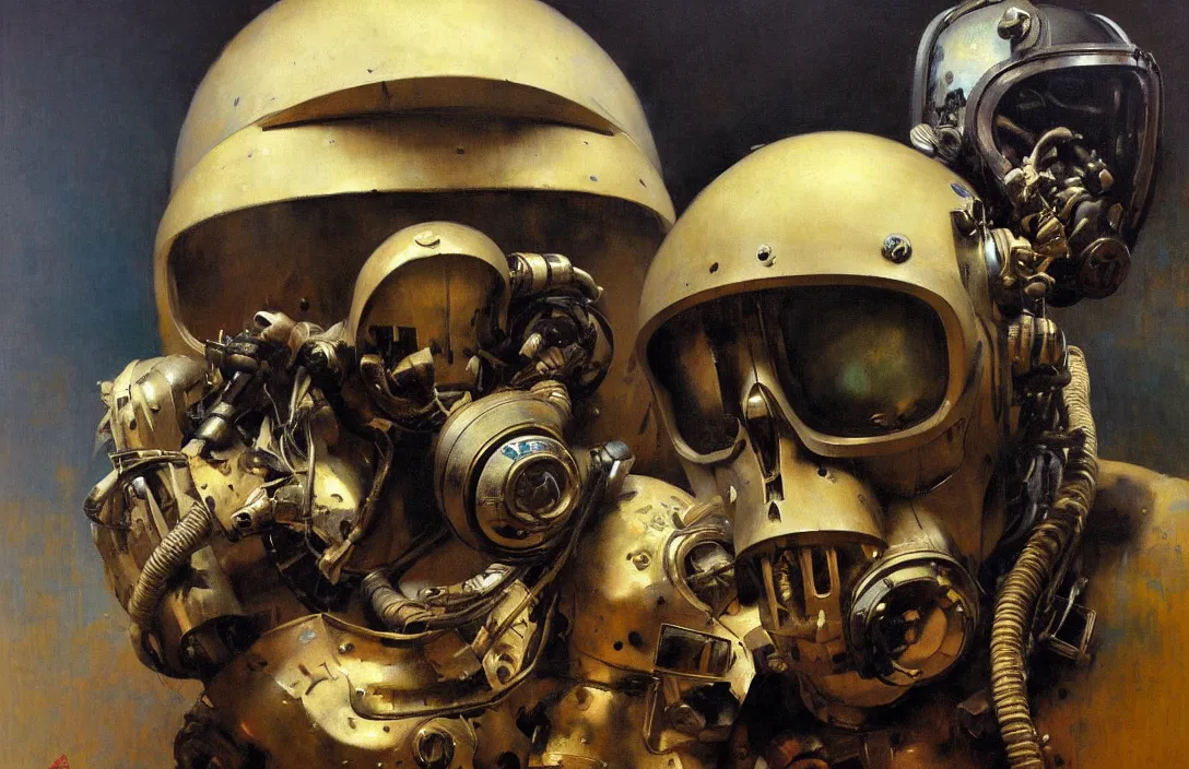 Image similar to portrait of deep sea diver helmet, detailed skull face, detailed painting, epic lighting, by ilya repin, phil hale and kent williams