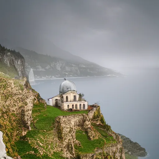 Prompt: old european monastery on the side of a cliff rainy atmosphere 8k photorealistic