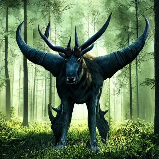 Image similar to Gigantic creature with horns standing in the forest between trees, realistic