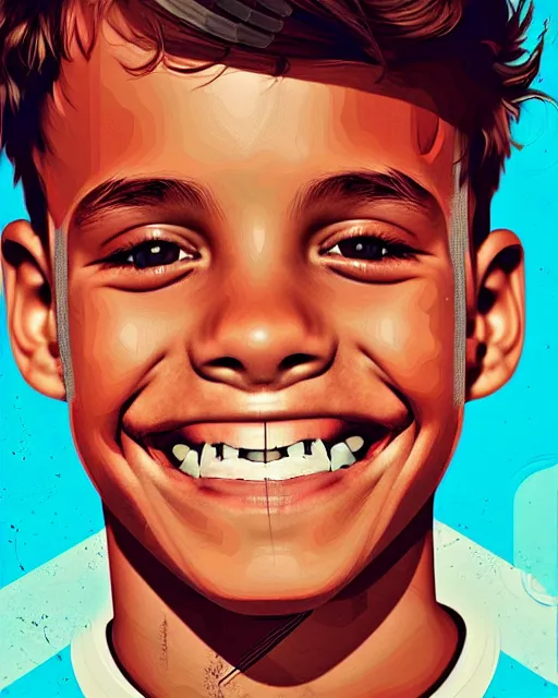 Image similar to digital art of smiling boy, illustration, highly detailed, simple, no jagged lines, smooth, artstation, artwork by obey, artwork by sandra chevrier