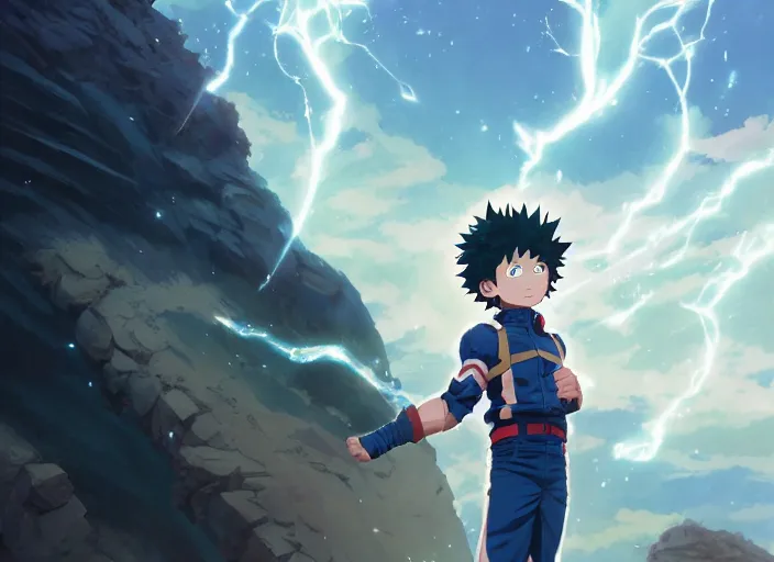 Image similar to highly detailed portrait of a boy with thunder powers, in my hero academia, stephen bliss, 8 k, unreal engine, fantasy art by greg rutkowski, loish, rhads, ferdinand knab, makoto shinkai and lois van baarle, ilya kuvshinov, rossdraws, tom bagshaw, global illumination, radiant light, detailed and intricate environment