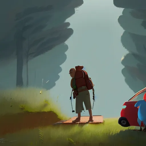 Image similar to goro fujita ilustration hiker unloading the car before camping, characterized by roman shipunov, etienne hebinger, atey ghailan