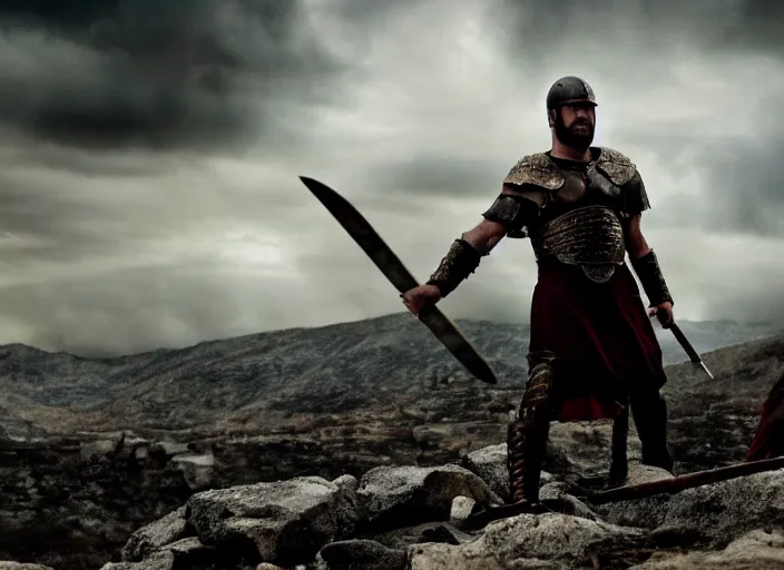 Prompt: film still of joe biden as leonidas in 3 0 0 movie, 8 k, epic moody sky, dramatic lighting