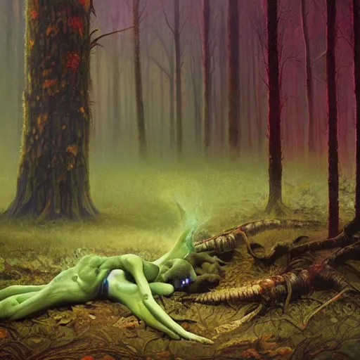 Prompt: corpse on forest floor, chromostereopsis beeple boris vallejo