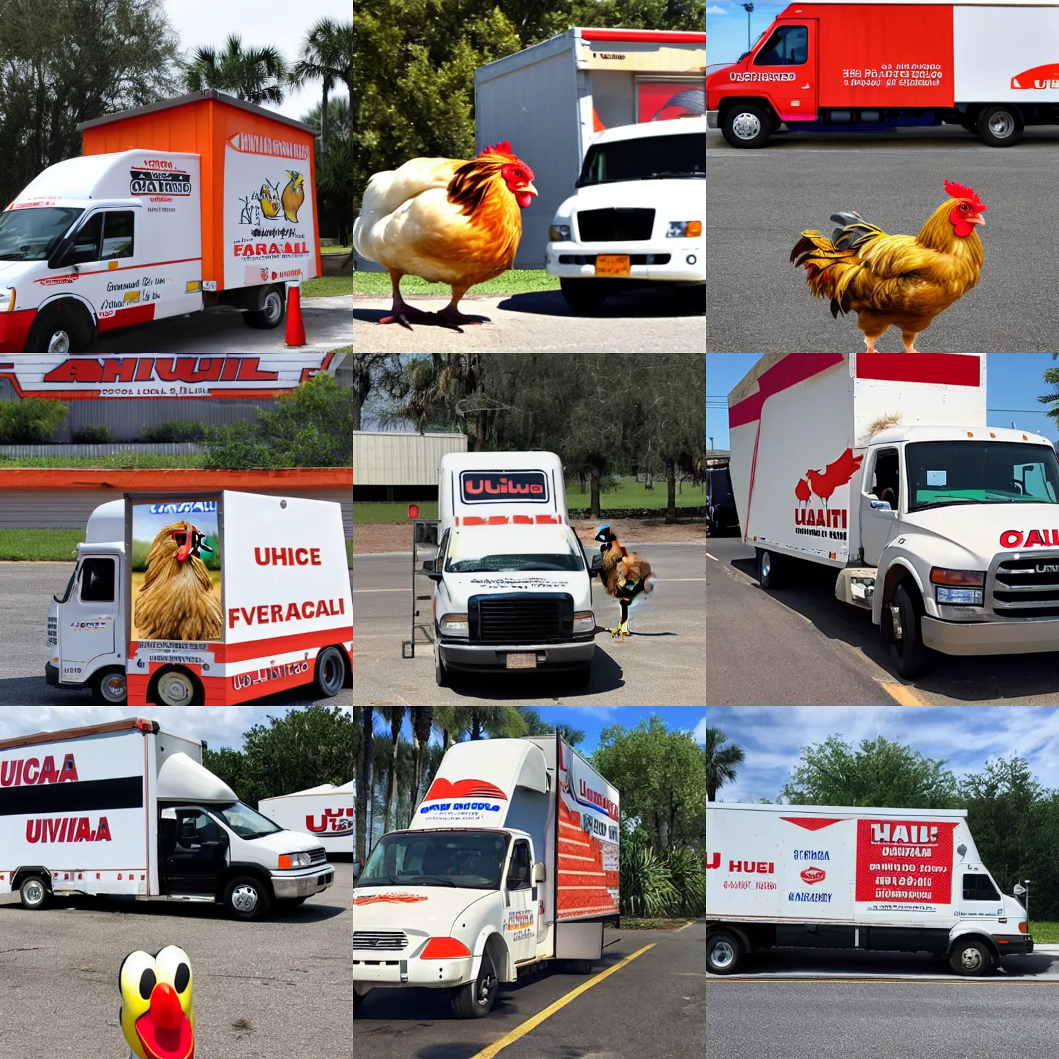 Prompt: a chicken driving a uhaul to florida