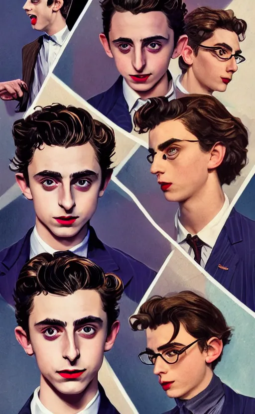 Image similar to Timothee Chalamet as Peter parker, night time, +++ super super super dynamic posing, j.c. leyendecker, Valentina Remenar, thick eyebrows, super serious facial expression