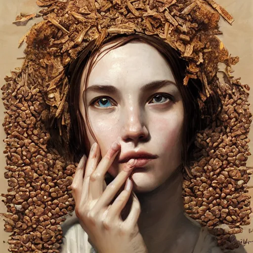 Prompt: epic painting portrait of beautiful goddess surrounded by dried dates by amy leibowitz, wlop, jeremy lipkin, beeple, intricate, artgerm, ilya kuvshinov