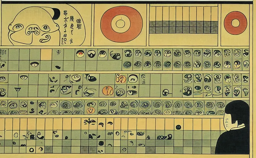 Image similar to business dashboard with time series charts, pie plots and other modern graphics, with small creatures with many eyes. diego rivera ( with slight ukiyo - e influence ). ravi supa.