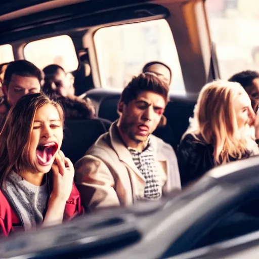 Image similar to Medium shot of a group of friends talking in the middle of a crowded car in the New York metro, cinematic, 4k, thriller