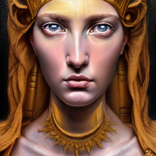 Image similar to hyperrealistic mixed media painting of beautiful goddess Athena, stunning 3d render inspired art by P. Craig Russell and Barry Windsor-Smith, perfect facial symmetry, dim volumetric lighting, 8k octane beautifully detailed render, post-processing, portrait, extremely hyper-detailed, intricate, epic composition, brown eyes, highly detailed eyes, realistic eyes, cinematic lighting, masterpiece, trending on artstation, very very detailed, masterpiece, stunning