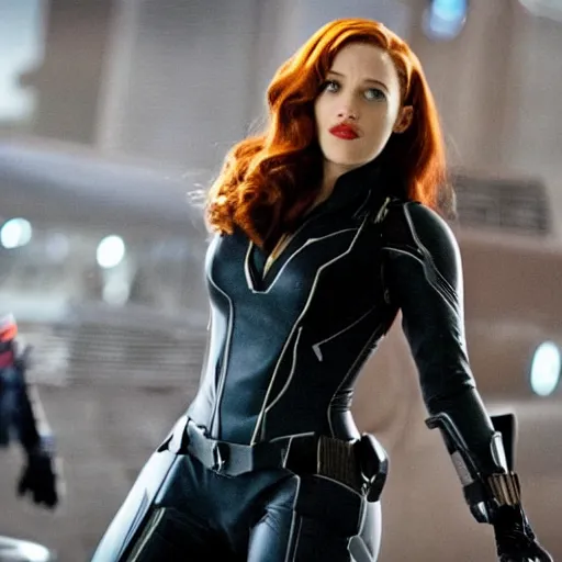 Prompt: a still of kat dennings as black widow in iron man 2 ( 2 0 1 0 )