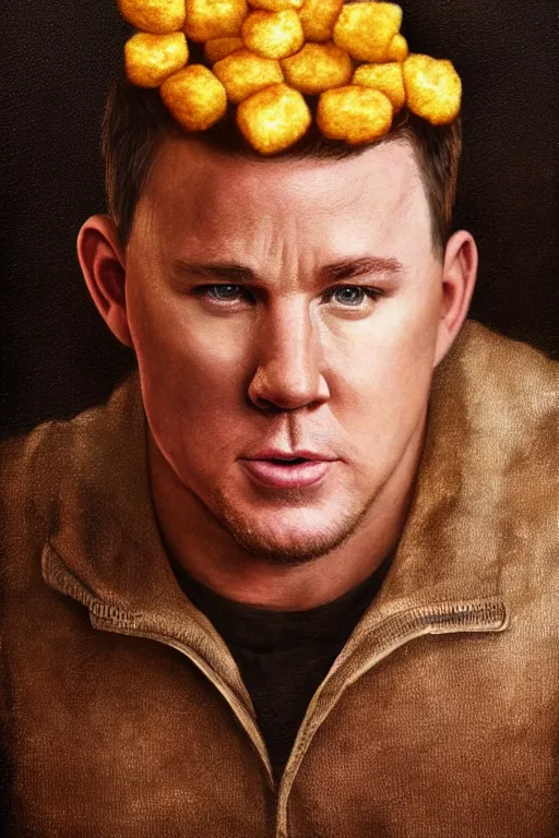 Prompt: channing tatum in a tater tot costume, oil on canvas, intricate, portrait, 8 k highly professionally detailed, hdr, cgsociety