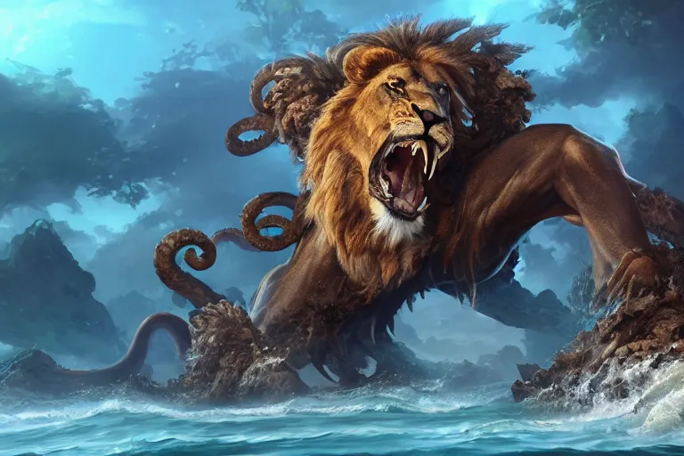 Prompt: the legendary island sized lion kraken hybrid, made by Stanley Artgerm Lau, WLOP, Rossdraws, ArtStation, CGSociety, concept art, cgsociety, octane render, trending on artstation, artstationHD, artstationHQ, unreal engine, 4k, 8k,