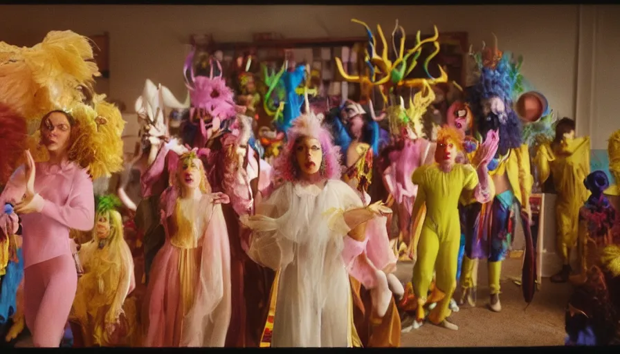 Image similar to movie still by alejandro jodorowsky of a beautiful day in a family art room in a suburban usa, visible magic energy, pretty dream creature costumes, mystical cult ritual, big magic parade float, cinestill 8 0 0 t eastmancolor technicolor, high quality, very detailed, heavy grain, fine facial features, 8 k, octane render