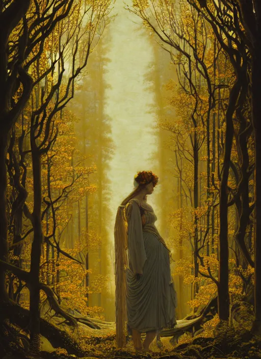 Prompt: intricate oil painting portrait by John William Godward and Anna Dittman and Laurie Greasley and Victo Ngai and Taro Okamoto and Caspar David Friedrich depicting a female fantasy priestess in a bright temple surrounded by yellow spring forest and dead trees, evening, atmospheric lighting, intricate detail, cgsociety, hyperrealistic, octane render, RPG portrait, ambient light, dynamic lighting