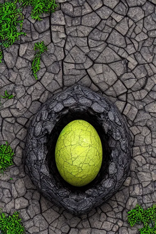 Image similar to a scaly dragon egg made from opalescent coal and molten lava, on a carved stone floor against a forest background photorealistic, dlsr, octane render, 8 k, cinematic lighting