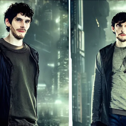 Image similar to Colin Morgan as Cyberpunk Merlin