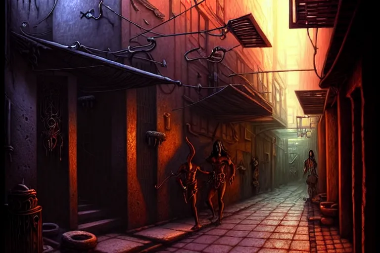 Prompt: a shadowy alleyway in the city of tyr from athas, amazing dark sun d & d art, by gerald brom, by wlop, intricate details, ultra realistic, beautiful, volumetric lighting, warm colors advance cool colors recede, cell shading, 8 k, by james gurney, by greg rutkowski, trending cgsociety, artstation