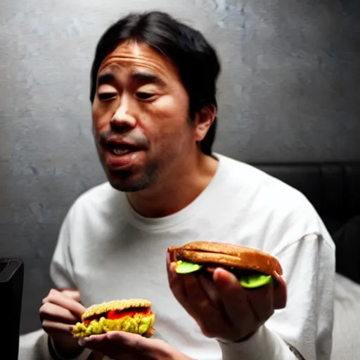 Image similar to Satoshi Nakamoto eating a cheeseburger, photo realistic, award-winning, highly-detailed, epic, cinematic, dramatic