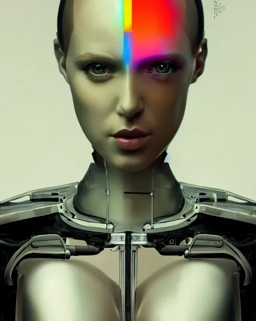 Image similar to a beautiful half body image of a futuristic android with body made of translucent plastic, short hair made of colored cellophane with mechanical internal parts, symmetrical and realistic proportions by Irakli Nadar, tom bagshaw, Charlie Bowater with details by Jason Felix, furio tedeschi, face by ilya kuvshinov, artgerm, cinematic backlit lighting, beauty retouch, elite, photo realistic, octane render, hyper real, ultra detailed, trending on artstation pinterest and deviantart