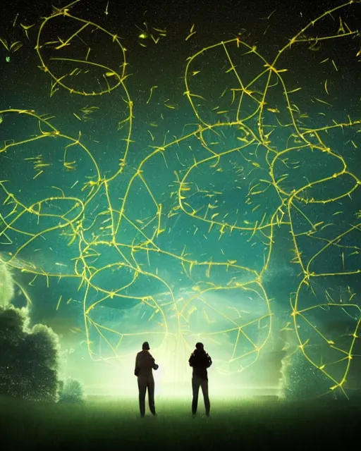 Image similar to in a field, two scientists in lab coats encounter a monster shaped like the DNA double helix, stormy weather, night scene, volumetric light, fireflies