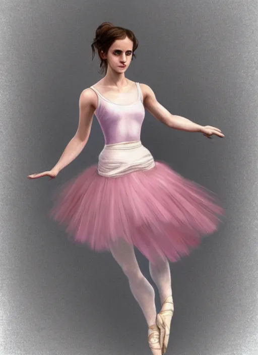 Image similar to emma watson as ballerina, ballet pose, long hair, skirt and t-shirt, soft pink and white transparent cloth, space, D&D, shiny background, intricate, elegant, highly detailed, digital painting, artstation, concept art, smooth, sharp focus, illustration, artgerm, bouguereau